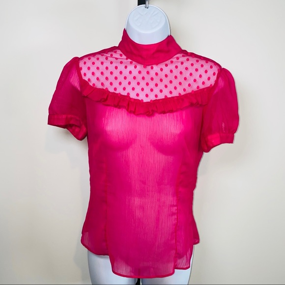 H&M Fuchsia Mock Neck Contrasting Pink Polka Dot Ruffle Chiffon Top Size 6 - Picture 2 of 8